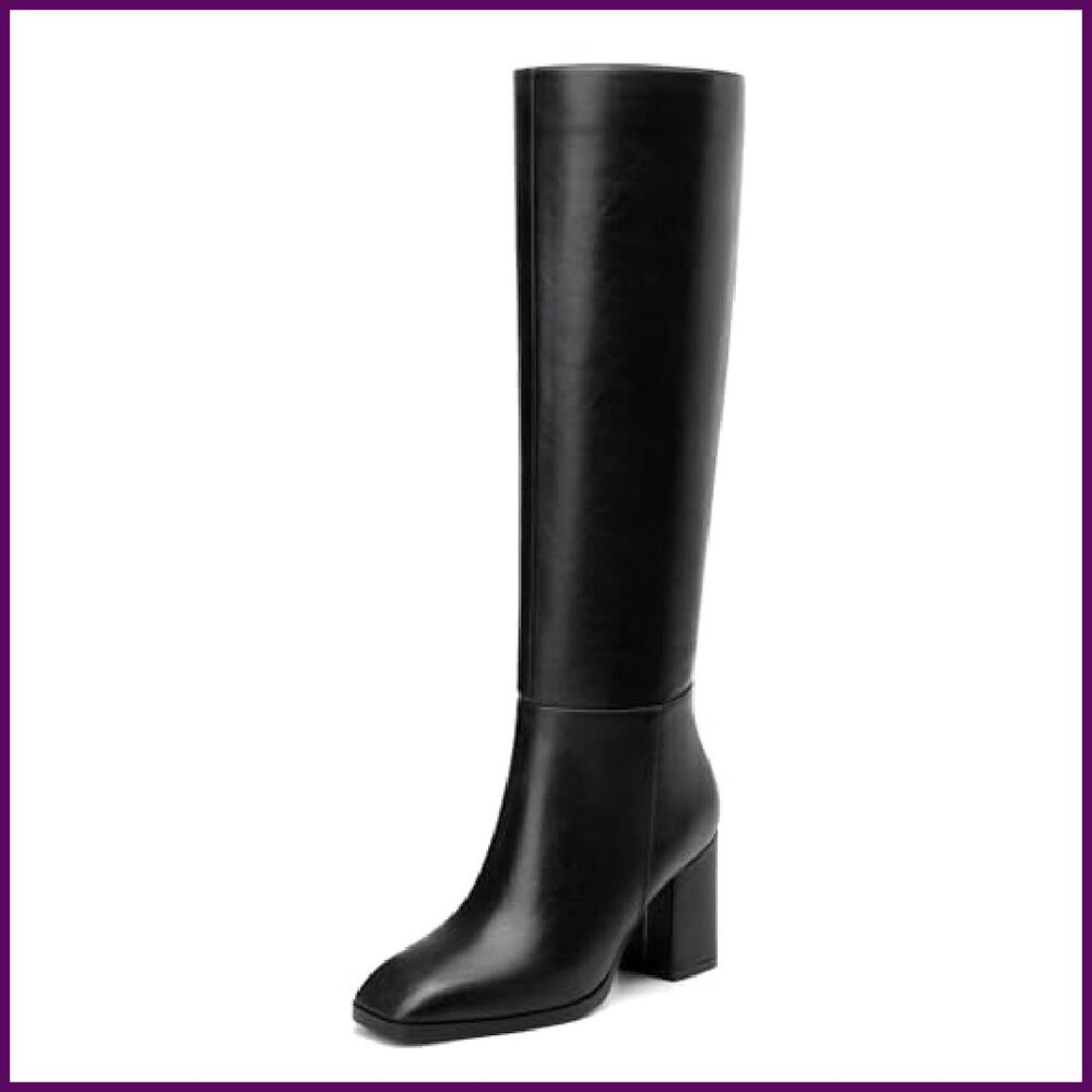 Knee High Boots Chunky Heel Square Toe 3 Inch Side Zipper Tall Boots - Picture 5 of 7